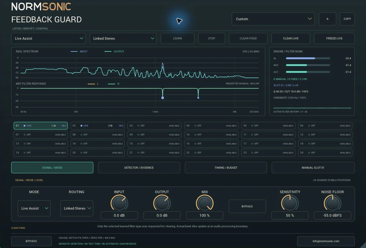 Dejanski vmesnik NORMSONIC FEEDBACK GUARD s spektri, filtri in kontrolami