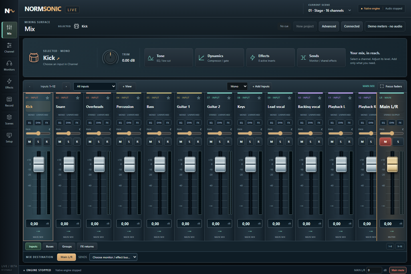 Mešalni vmesnik NORMSONIC LIVE 0.1.0-beta.1 v brskalniku