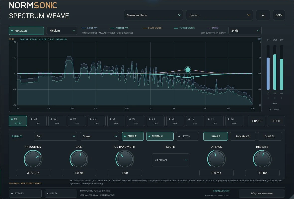 Dejanski vmesnik SPECTRUM WEAVE 0.1.0 z izmerjenimi spektri in dinamičnim pasom Bell